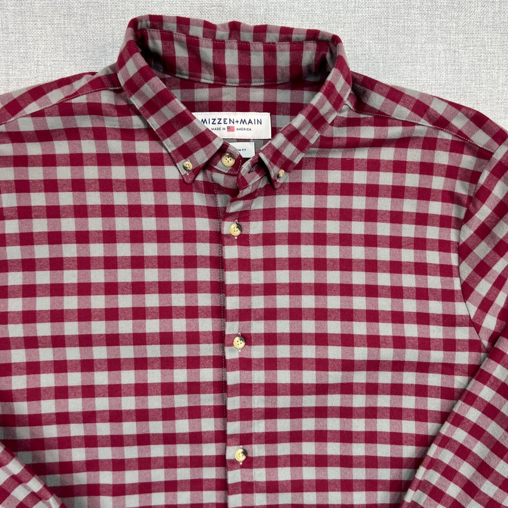 Mizzen+Main Trim‎ Fit Flannel Shirt Mens XXL Long Sleeve Button Red Gray Check